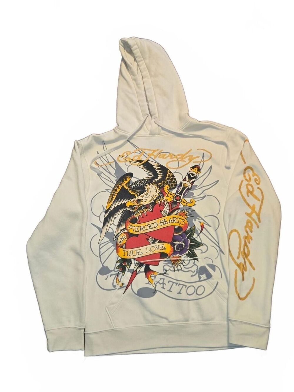 Vintage Ed Hardy Eagle Graphic Hoodie Men's Small White Y2K Grunge